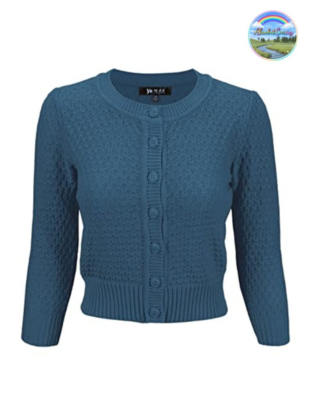 Cropped 3/4 Sleeve Crewneck Cardigan Cotton Knit Vintage